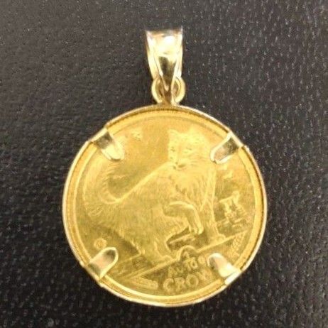 【一体型】ペンダントトップ マン島 キャット金貨(エリザベス) (K24純金)1/10oz3,1g + 14k枠付 総量約4,0g