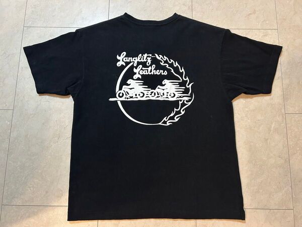 ラングリッツ LANGLITZ LEATHERS ラングリッツレザー ヘンリーネック Tシャツ フレイム ファイヤー ロゴ L 黒