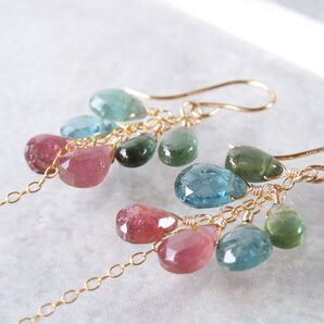 No.17 ピンク&ブルー&グリーントルマリンのピアス 14kgf ハンドメイド 天然石