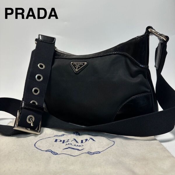 r85【美品】プラダ 三角ロゴ ナイロン レザー ブラック ショルダーバッグ PRADA 黒