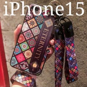ネックストラップ付きエスニック柄スマホケース iPhone15