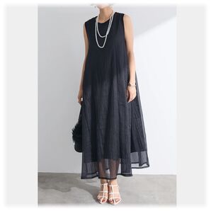 新品 エアリーシアーレイヤードワンピース/ブラック frene