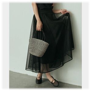 ★新品 メッシュフレアマキシスカート/ブラックfrene