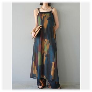 ★新品 水彩アートシアーキャミワンピース/チャコール lumier