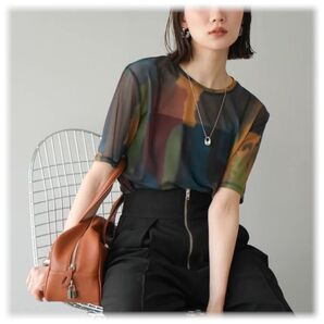 ★新品 水彩アートシアーTシャツ/チャコール lumier