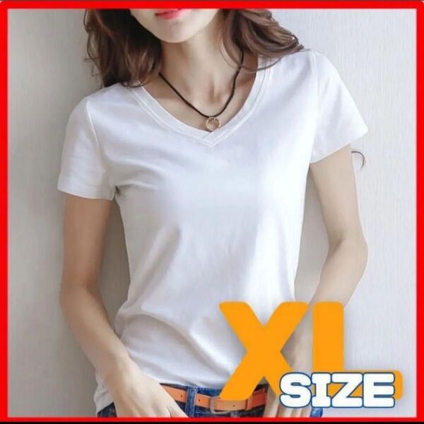 XL ホワイト Tシャツ 半袖 カットソー 薄手 レディース インナー シャツ トップス Vネック 白 シンプル 夏 LL