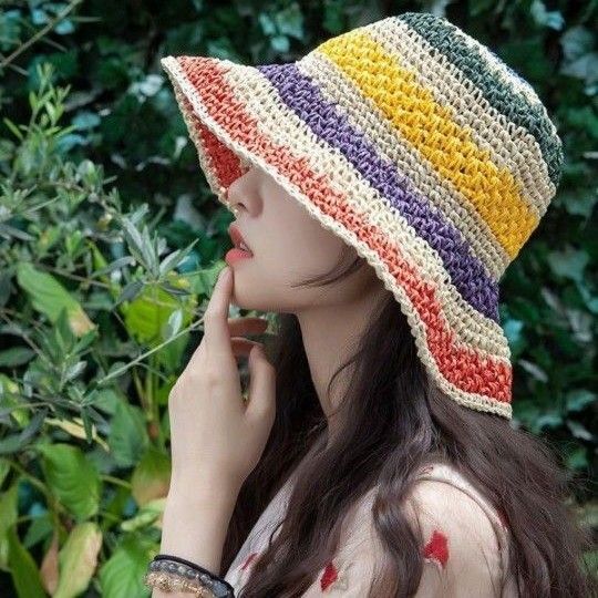 レインボー 麦わら帽子 バケハ バケットハット 帽子 ハット 麦わら カラフル帽子 バケット ストローハット 藤井 風 夏 フェス