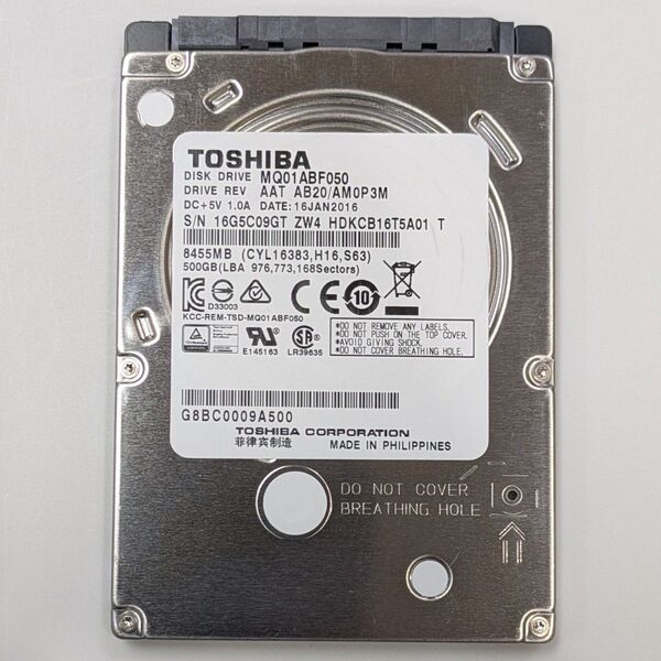 TOSHIBA HDD 2.5インチ 500B 使用時間 800 時間