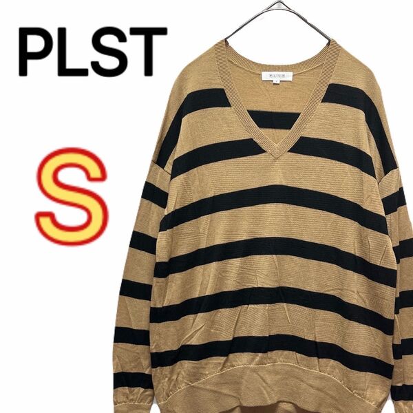 【PLST】 ウール 長袖 Vネック ニット セーター ボーダー カジュアル