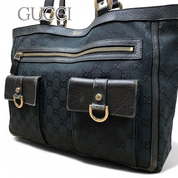 GUCCI グッチ トートバッグ GG柄 ロゴ キャンバス レザー 肩掛け ハンドバッグ ブラック ビジネス