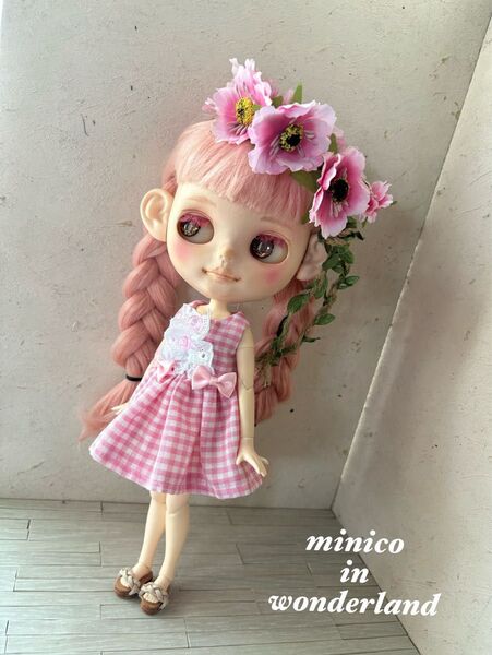 ピンクチェックワンピース ピンク花かんむり ブライス アウトフィット ドール服