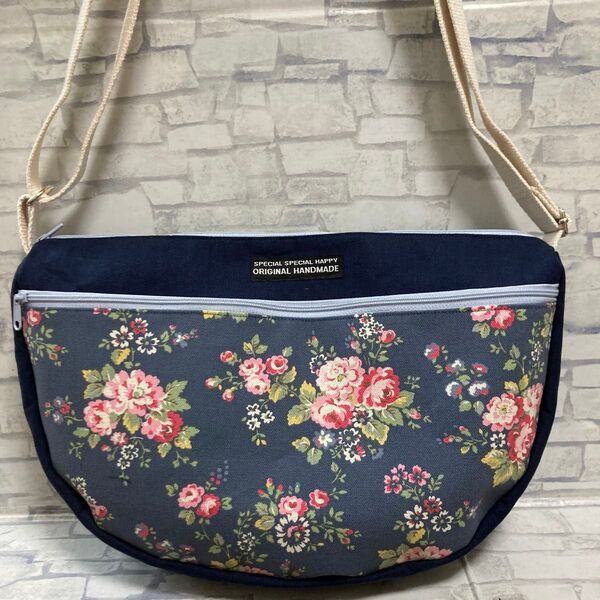 ハンドメイド ショルダーバッグ 花柄 くすみブルー
