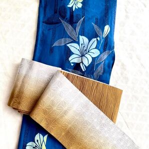 浴衣(ゆりと蝶) + 帯(リバーシブル未使用品) 2点セット ゆかた