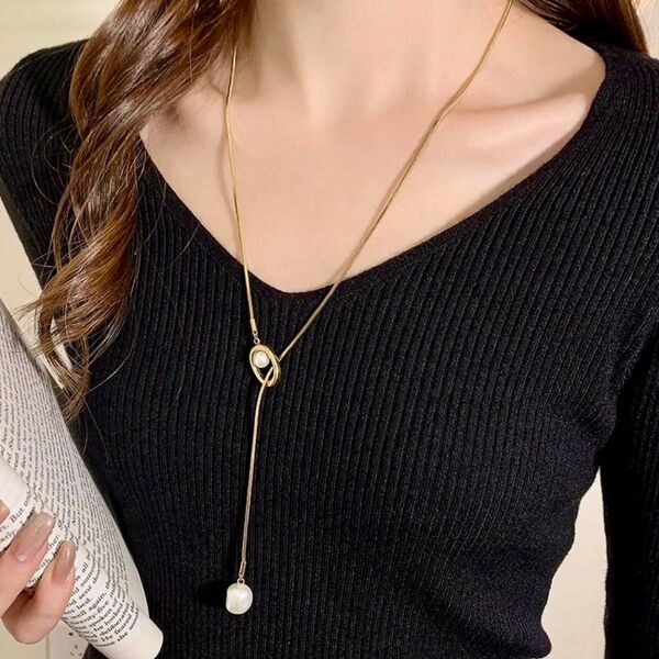 ネックレス ロングネックレス ラリエット ゴールド ループタイ パール 高見え 上品