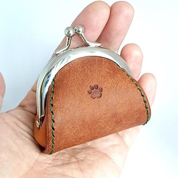 ハンドメイド 本革がま口小銭入れ イタリアンレザー使用 ブラウン×キャメル
