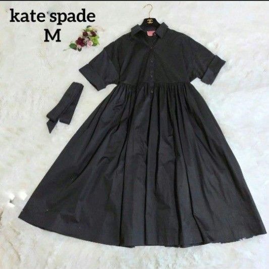 極美品 kate spade NY 黒 シャツワンピース 半袖 ロング M