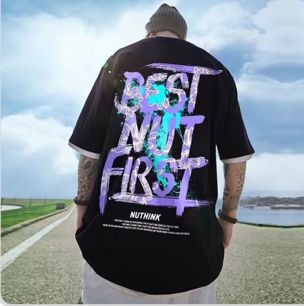 メンズ 夏服 半袖Tシャツ 黒 ロゴ ストリート 大きいサイズ ゆったり 部屋着 おしゃれ 普段着