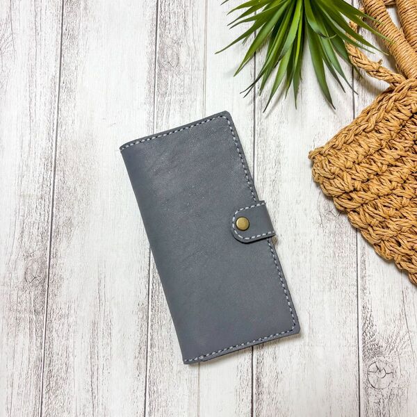 刻印可能♪手帳型iPhoneケース グレー 本革 革 レザークラフト スマホケース