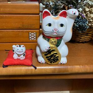 招き猫 陶器 置物 開運 招福 縁起物 2点セット
