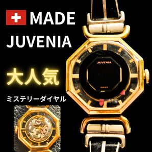 【稼働品】大人気モデル JUVENIA ミステリーダイヤル スケルトン 手巻き式 腕時計 稼働品