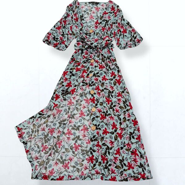 ZARA ベルト付き 花柄 ノーカラー Vネック シャツワンピース XS