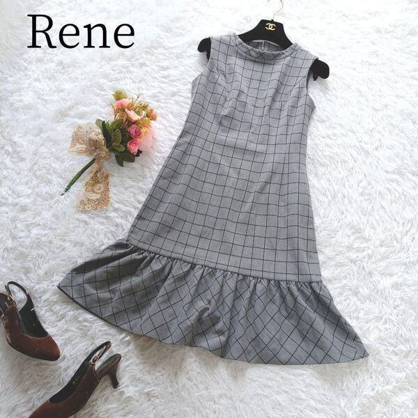 【ルネ/Rene】ロングワンピース チェック ノースリーブ フレア Aライン 日本製