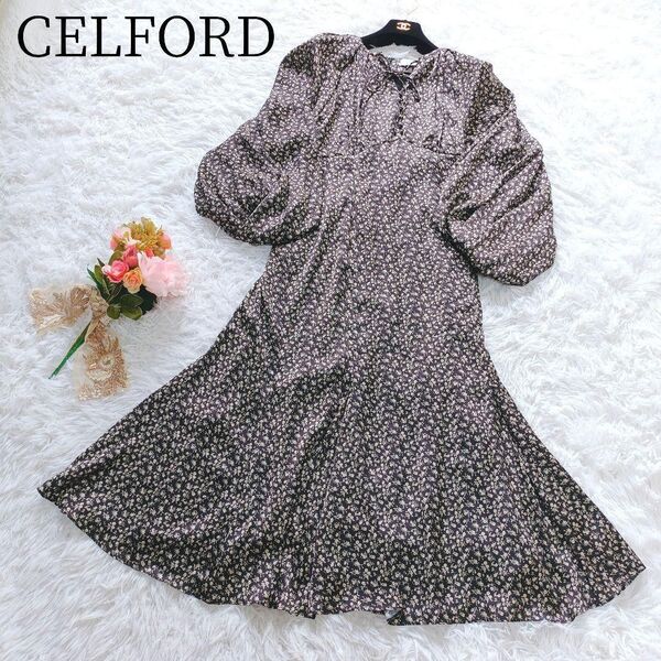 【CELFORD/セルフォード】ロングワンピース 花柄 フレア ボリューム袖 小花 総柄 Mサイズ Aライン