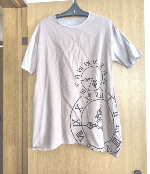 VIANTE 異素材 時計柄 ポケット付きロングTシャツ チュニック風 ベージュ