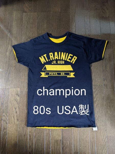 送料込 良品 80年代 USA製 チャンピオン Champion Tシャツ Mサイズ 黒x黄 リバーシブル ヴィンテージ