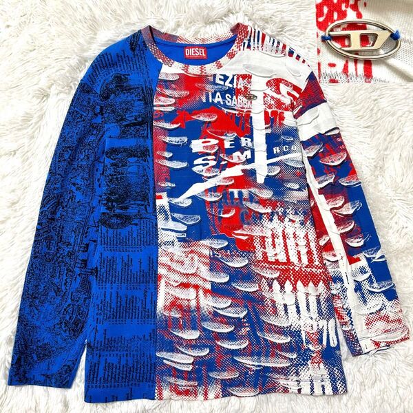 ディーゼル グラフィック 総柄 長袖 Tシャツ ロンT カットソー 14Y トップス Dロゴ ブルー ホワイト レッド プレート