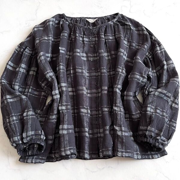 SM2 サマンサモスモス【美品】コットンリネン 綿麻 シャツ ブラウス チェック柄 ふんわり ゆったり ワイド ドロップショルダー