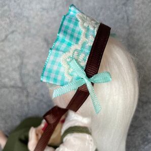 ヘッドドレス ドール用 リボン レース ブルー/ブラウン チョコミント チェック柄