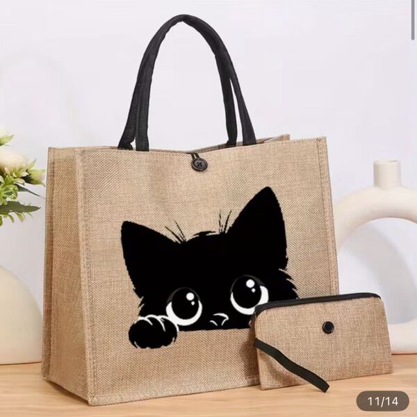 黒猫布製トートバッグ 猫 ねこ ネコ 猫 バッグ エコバッグ ハンドバッグ トートバッグ ポーチ セット