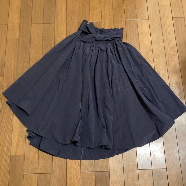 ★SENSE OF PLACE★スカート ロングスカート ネイビー ナイロン? シャカシャカ ウエストゴム リボン 変形 フレア