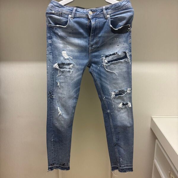 【人気】 ZARA ダメージ加工 ストレッチ(伸縮性有り) デニム アンクル丈