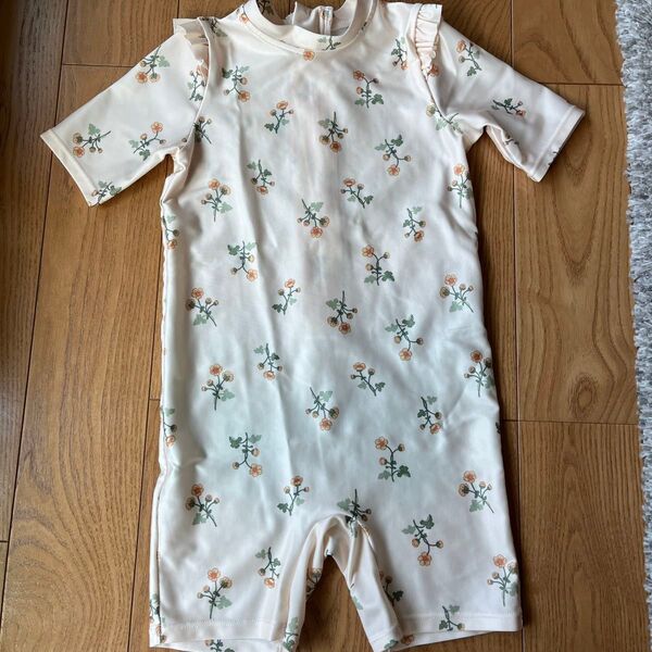 ベビー キッズ H&M エイチアンドエム 水着(女の子) 花柄 フリル つなぎ 半袖 半ズボンタイプ クリーム色 後ろチャック