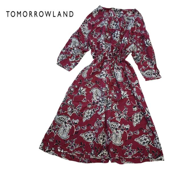 定価34560円 TOMORROWLAND シルク混プリントワンピース ワンピース 総柄 ロングワンピース 花柄 長袖