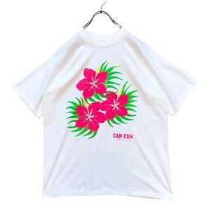 90s フラワー シングルステッチ アート Tシャツ 白 ハイビスカス メキシコ スーベニア vintage ビンテージ XXL