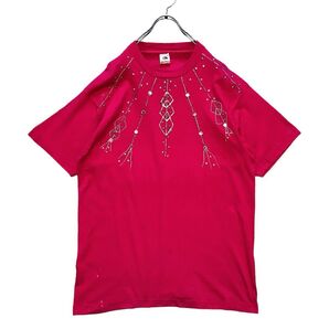 USA製 90s ビーズ アート Tシャツ シングルステッチ XL ピンク アクセサリー風 古着 半袖 vintage ビンテージ