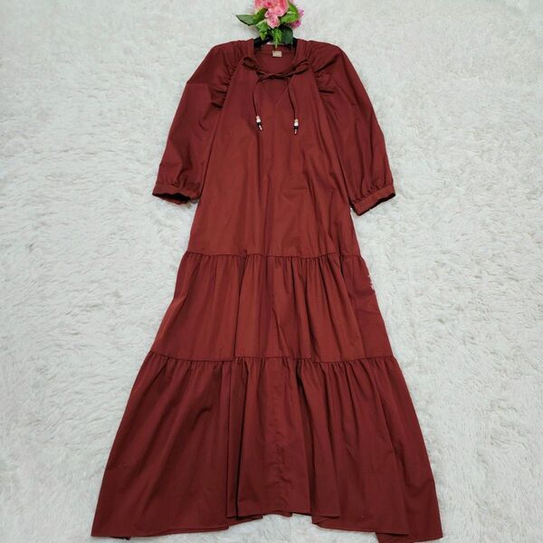 現行タグ☆HUGO BOSS ヒューゴボス DEPERA コットンポプリンドレス Vネック ティアード 大きいサイズ42 L~XL