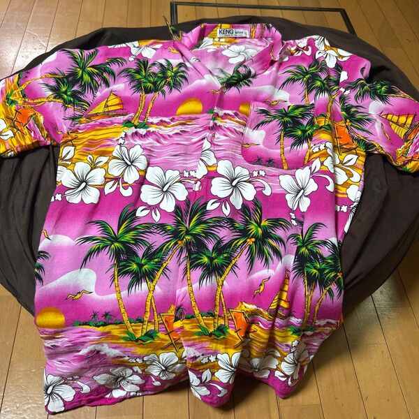 KENG アロハシャツ ピンク ヤシの木 ハイビスカス柄 XL