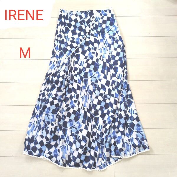 IRENE アイレネ フレアロングスカート合皮レース付き プリント 裏地付き(50センチ丈) Mサイズ 美品