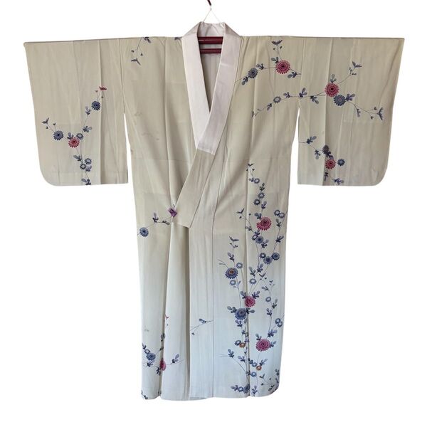 単衣 長襦袢 リメイク用 ハンドメイド用 薄いグレージュ 花柄 着付け練習用