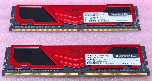 Team TPRD416G3200HC22BK 2枚★PC4-25600/DDR4-3200 UDIMM 32GB@16GB