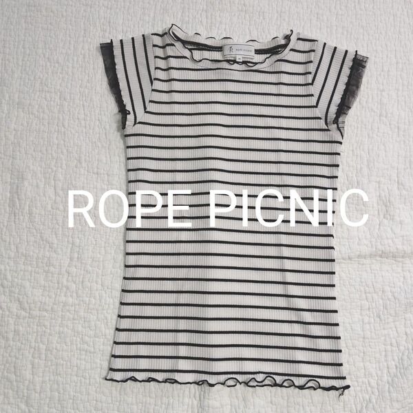 ROPE PICNIC ロペピクニック ニット ボーダー Tシャツ ノースリーブトップス ブラック ホワイト 袖チュール フリル