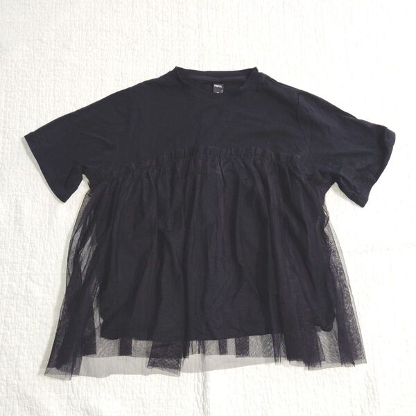 SHEIN FRIFUL トップス 前後チュール 胸元切り替え Tシャツ ブラック 黒 Sサイズ