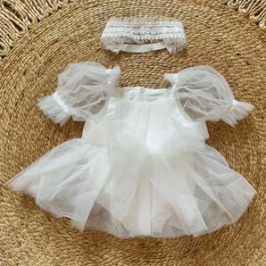 ベビードレス ロンパース シフォン 半袖 お宮参り お食い初め 100日 退院 結婚式 誕生日 出産祝い 白 ホワイト 60