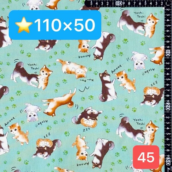 ★45生地/にゃんこ&わんこ柄(グリーン)【110cm×50cm】現品限り!(★マーク生地どれでも4点1600円)