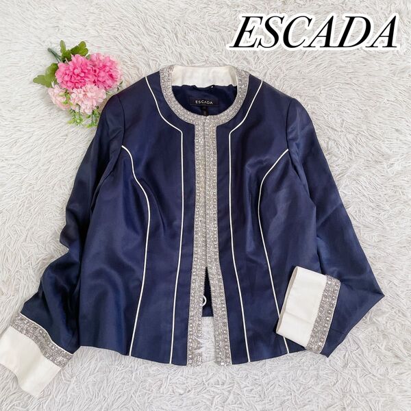 ESCADA エスカーダ シルク生地 ノーカラージャケット スパンコール装飾付 3999