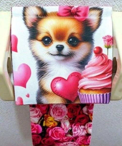 【1点物】 トイレットペーパーホルダー チワワ 犬 インテリア 雑貨 収納 薔薇 ハンドメイド 日用品 レア 生地 ハート リボン
